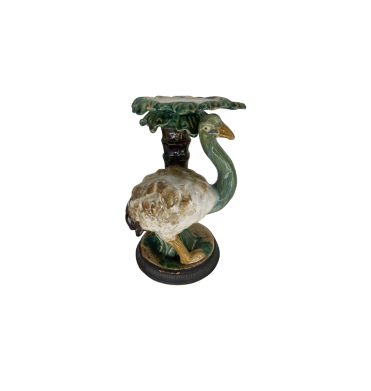 Majolica Ostrich Palm Tree Candle Holder