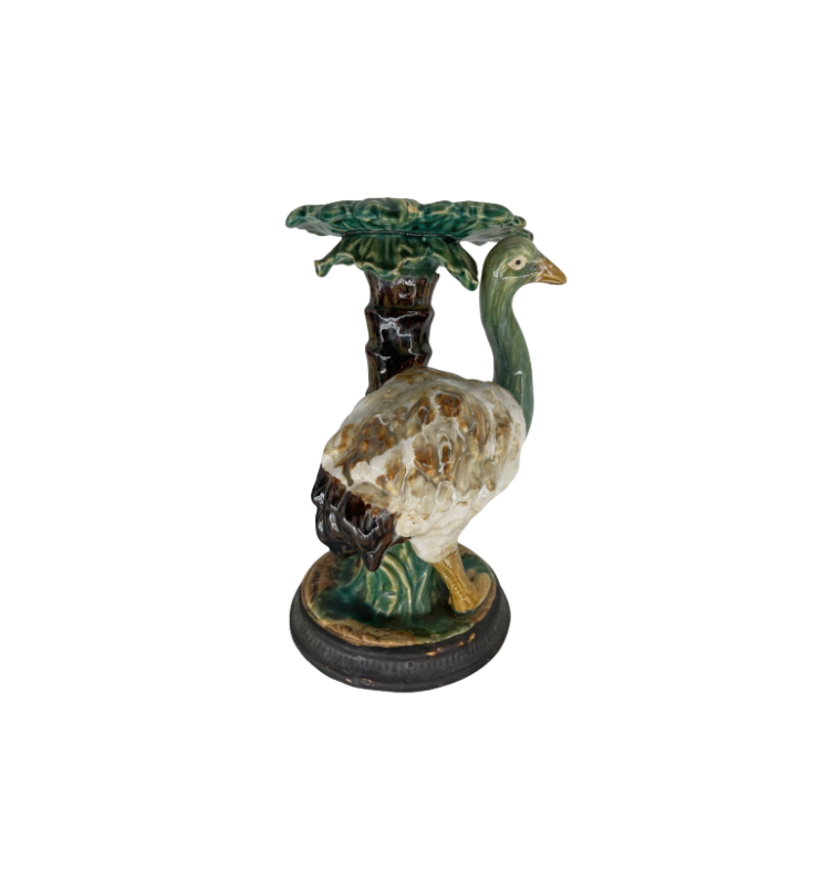 Majolica Ostrich Palm Tree Candle Holder