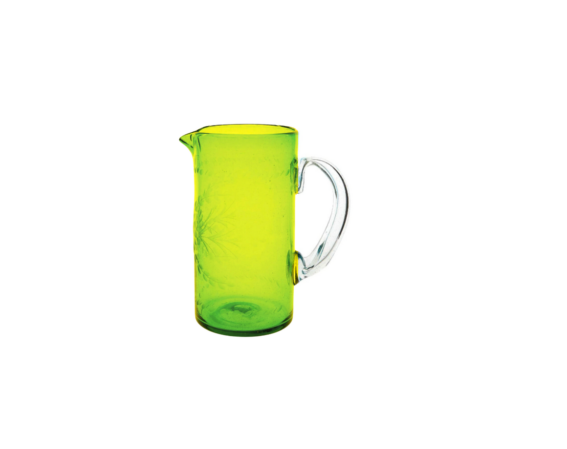 Hand Blown, Hand Etched Green Glass Pitcher