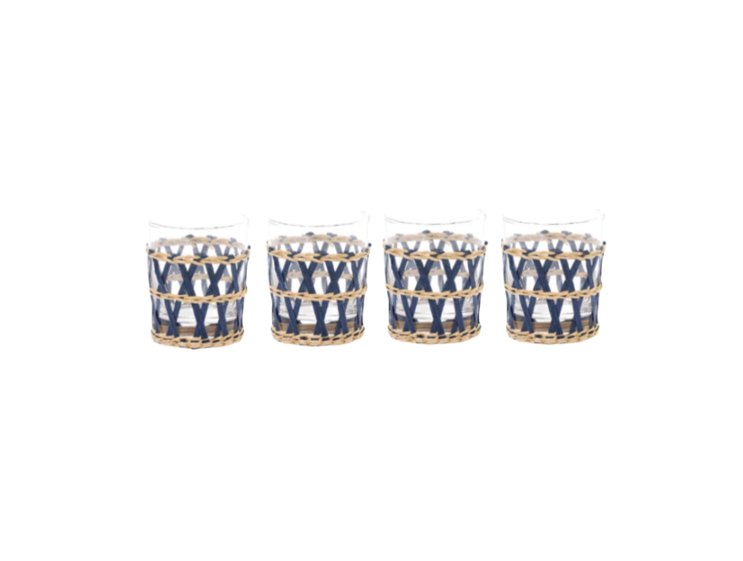 Navy Wicker Wrapped Tumblr Glasses, Set of 4