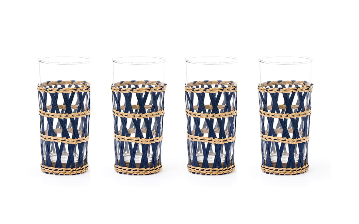 Navy Wicker Wrapped Highball Tea Glasses, Set of 4