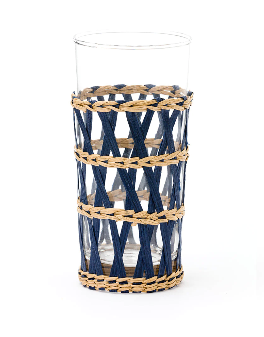 Navy Wicker Wrapped Highball Tea Glasses, Set of 4