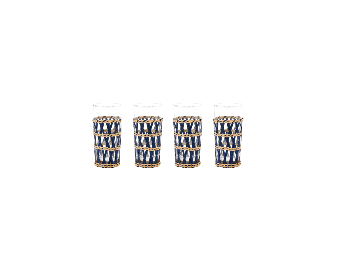 Navy Wicker Wrapped Highball Tea Glasses, Set of 4