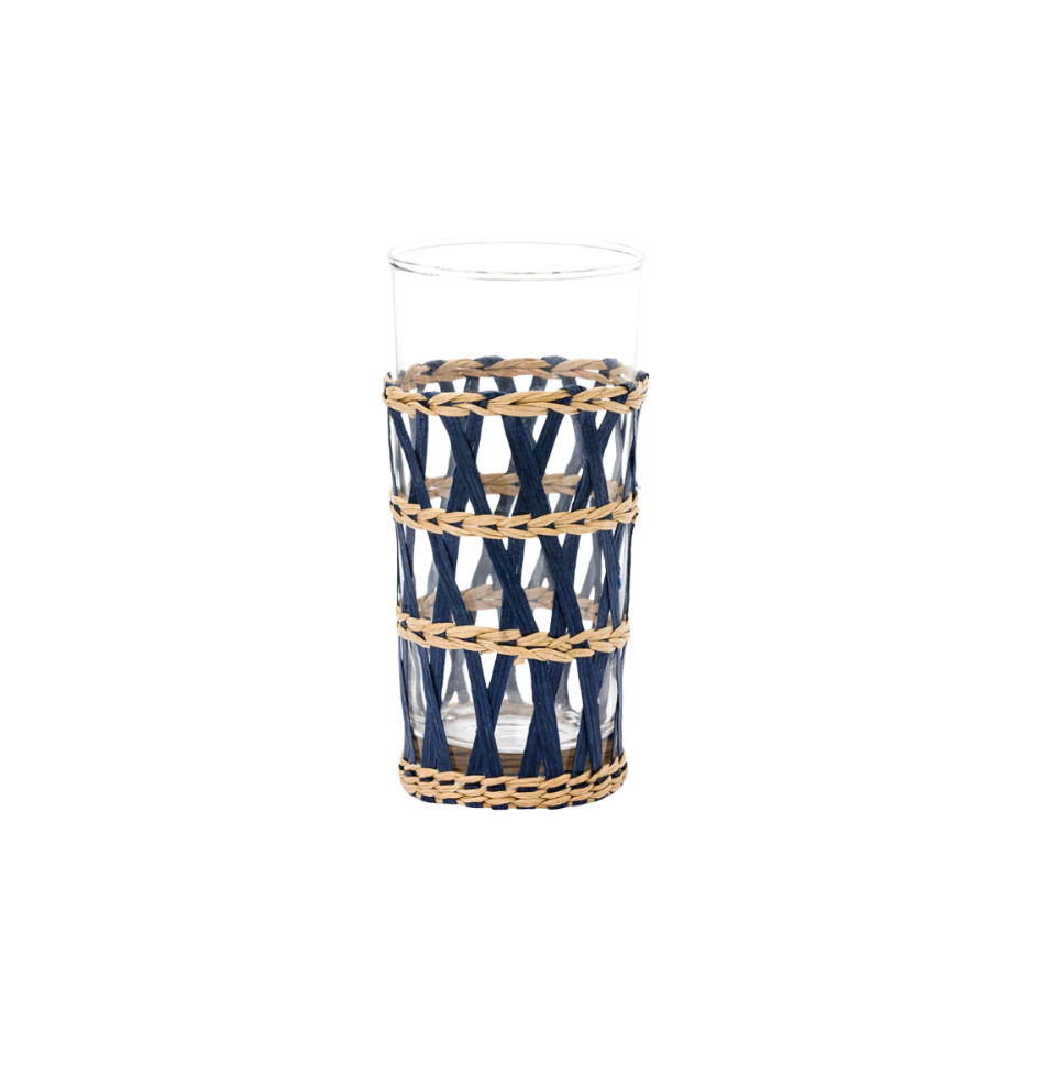 Navy Wicker Wrapped Highball Tea Glasses, Set of 4