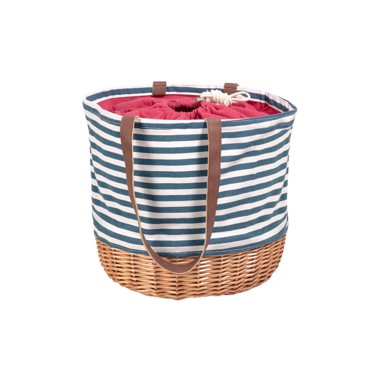 Navy and White Striped Wicker Basket Tote