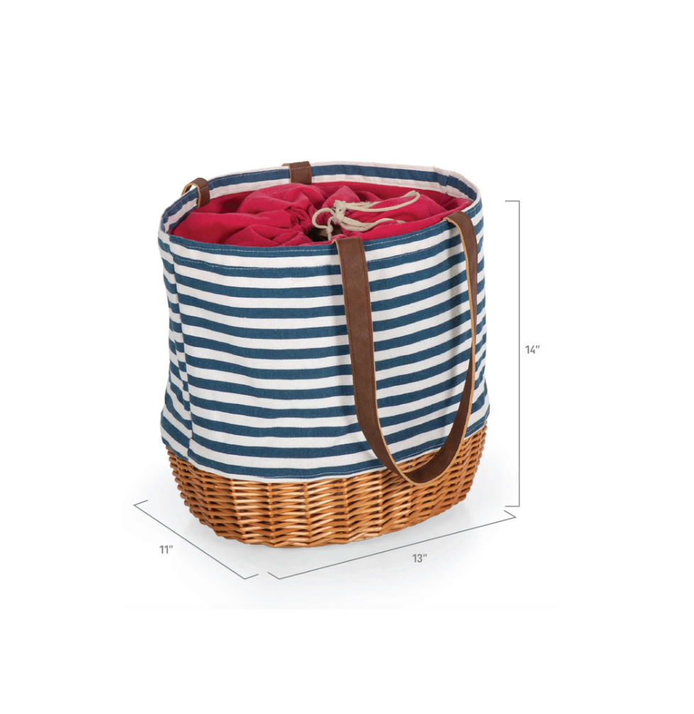 Navy and White Striped Wicker Basket Tote