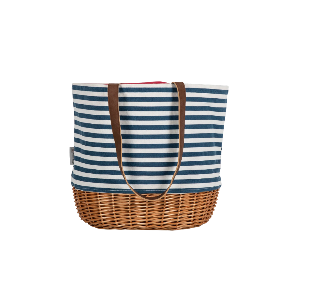 Navy and White Striped Wicker Basket Tote