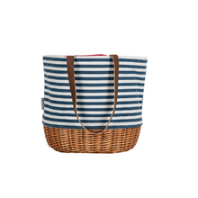 Navy and White Striped Wicker Basket Tote