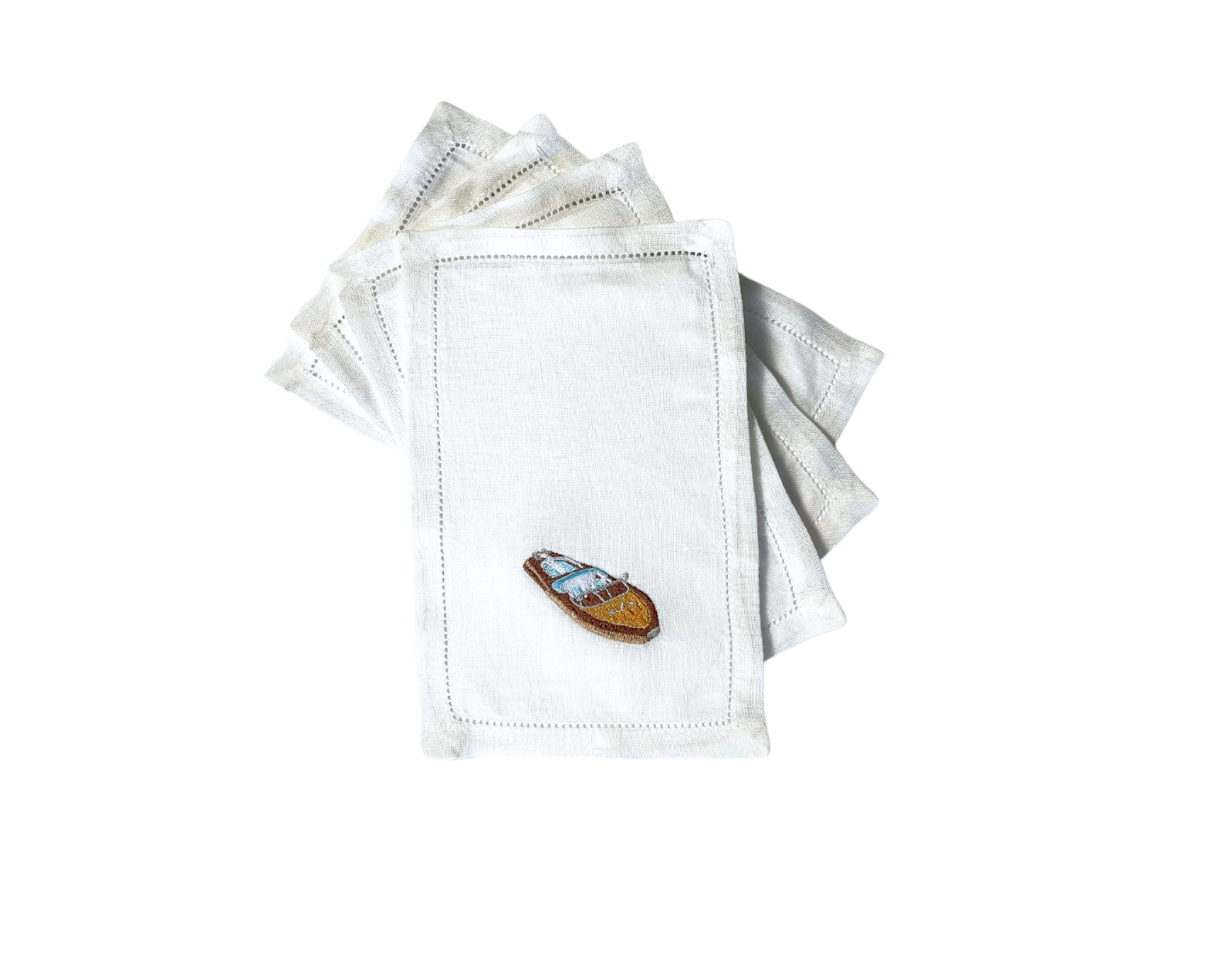 Riva Boat on White Linen Cocktail Napkins, Set of 4