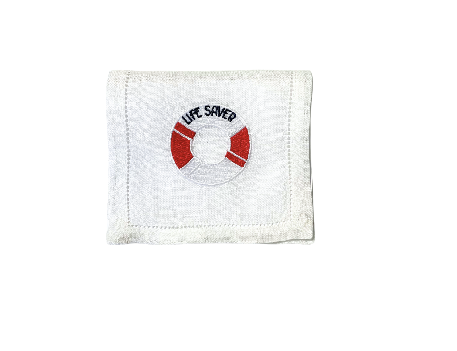 Embroidered Life Saver on White Linen Cocktail Napkins, Set of 4