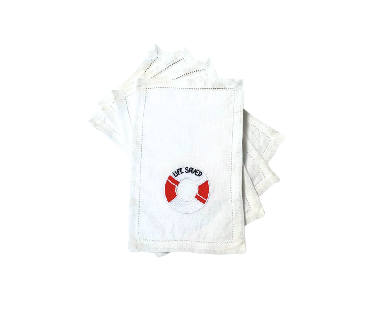 Embroidered Life Saver on White Linen Cocktail Napkins, Set of 4