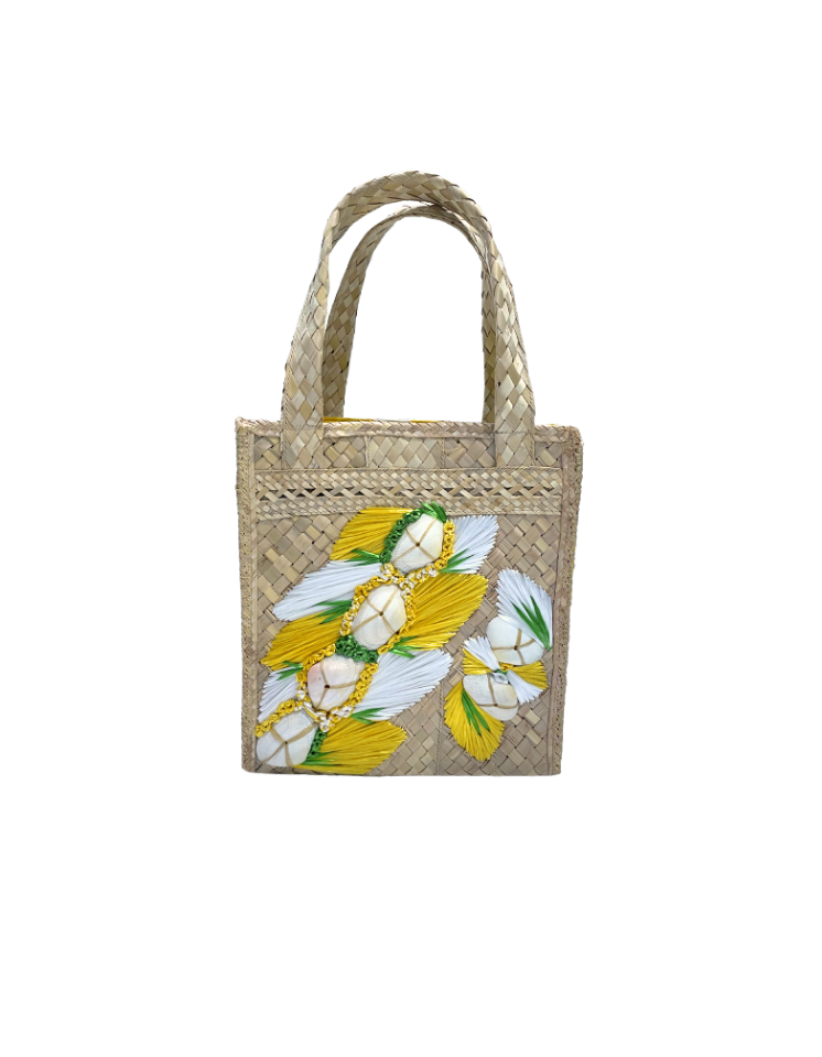 Small Yellow and White Box Tote with Bahama Handprint Fabric Lining