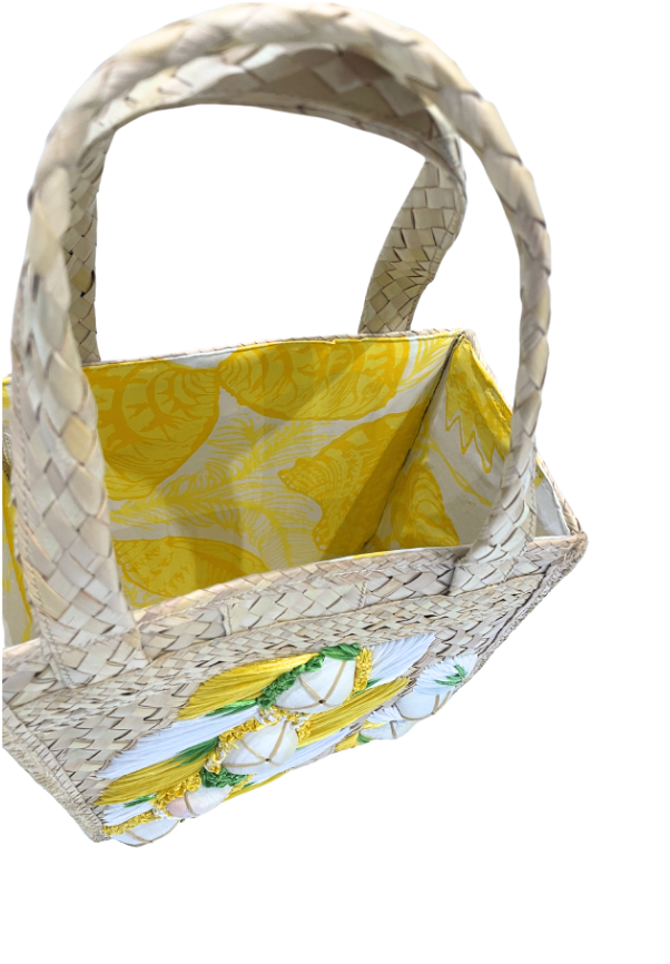 Small Yellow and White Box Tote with Bahama Handprint Fabric Lining