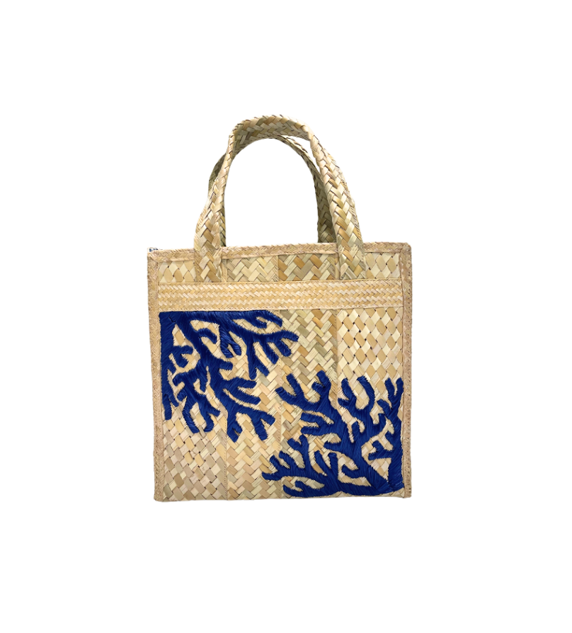 Medium Navy Coral Embroidered Box Tote with Bahama Handprint Fabric Lining