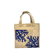Medium Navy Coral Embroidered Box Tote with Bahama Handprint Fabric Lining