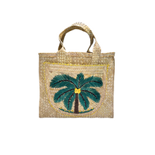 Palm Tree Straw Shopper with Pocket Lined Bahama Handprint Fabric