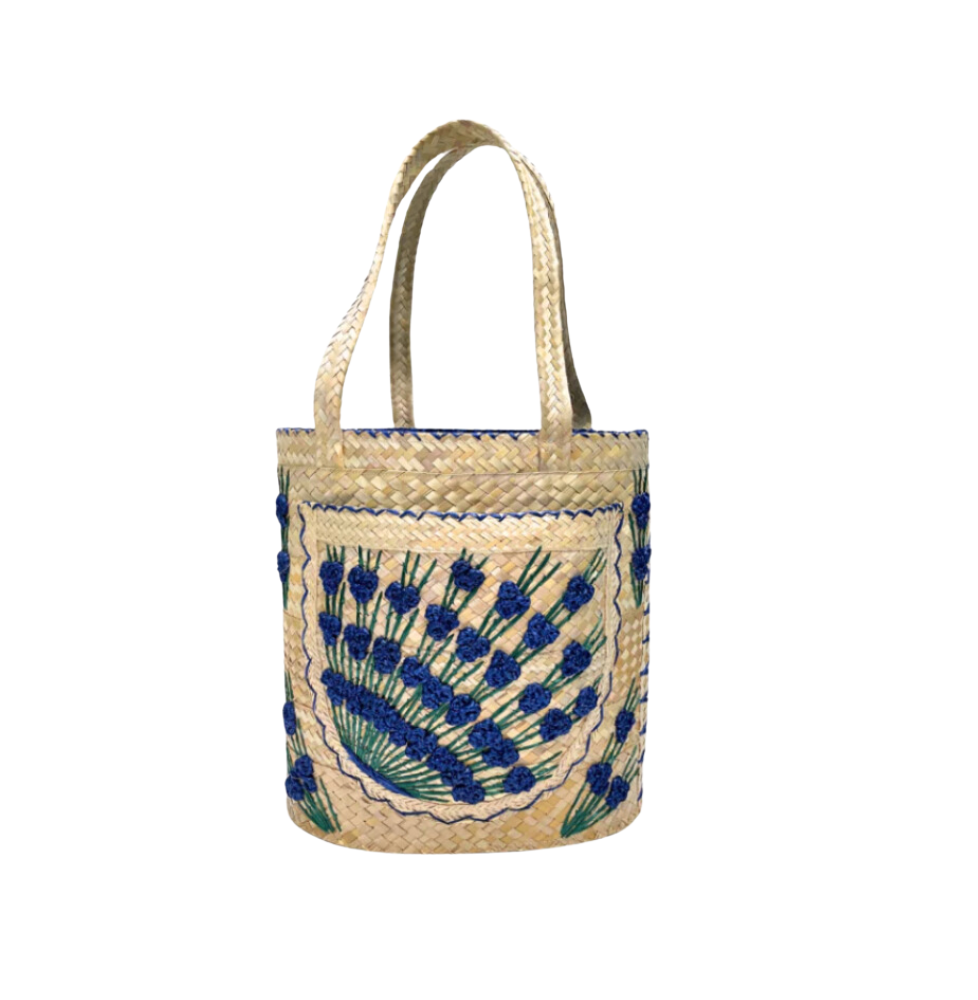 Large Navy Floral Rosette Bucket Tote with Bahama Batik Fabric Lining