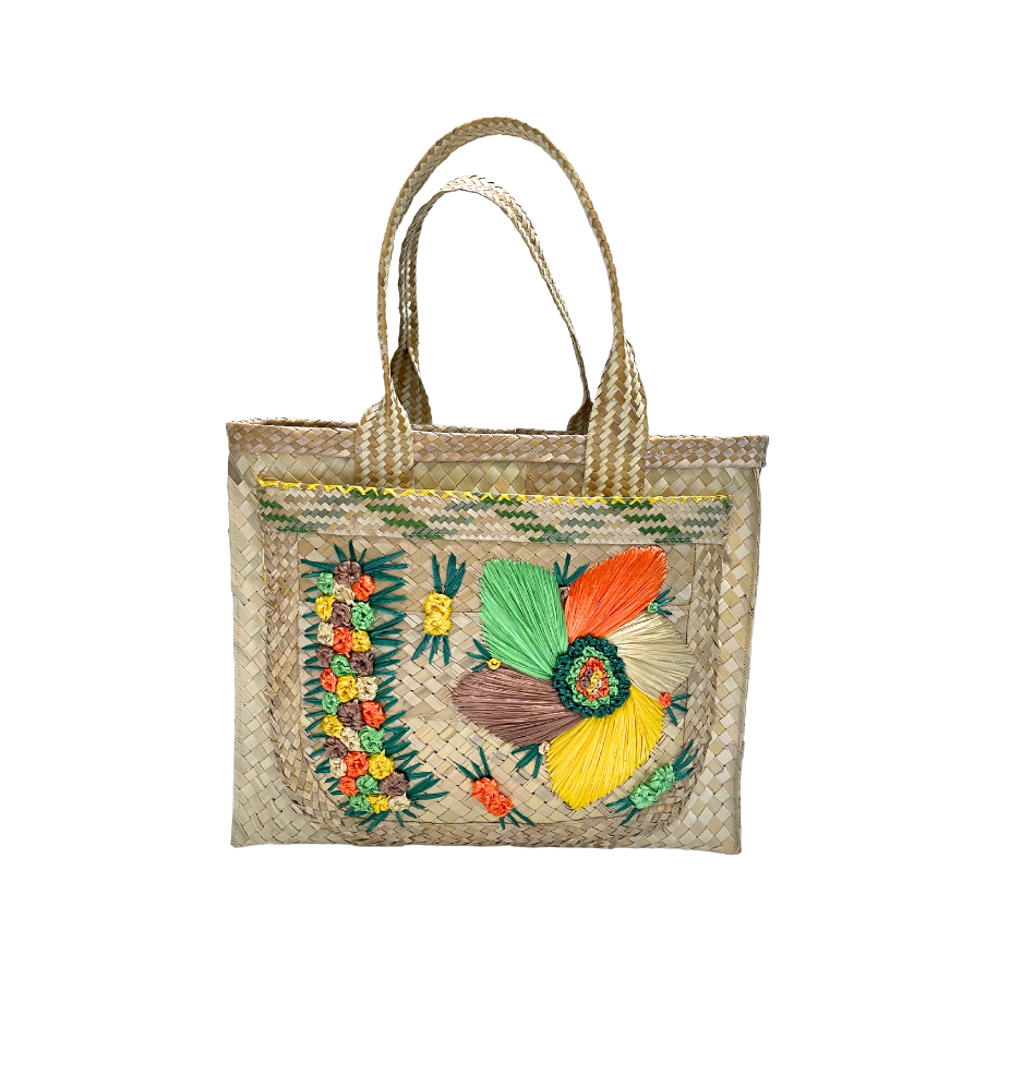 Multi Color Floral Straw Shopper with Pocket Lined Bahama Handprint Fabric