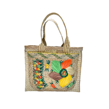 Multi Color Floral Straw Shopper with Pocket Lined Bahama Handprint Fabric