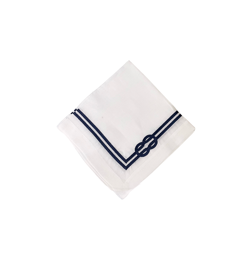 White Linen with Hand Embroidered Navy Rope Dinner Napkins, Set of 4