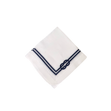 White Linen with Hand Embroidered Navy Rope Dinner Napkins, Set of 4