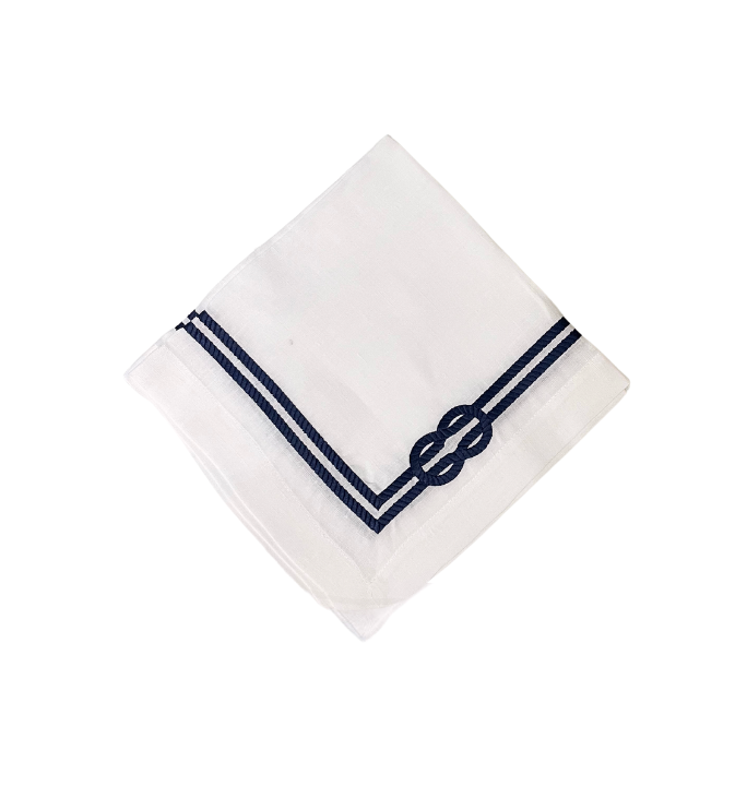 White Linen with Hand Embroidered Navy Rope Dinner Napkins, Set of 4