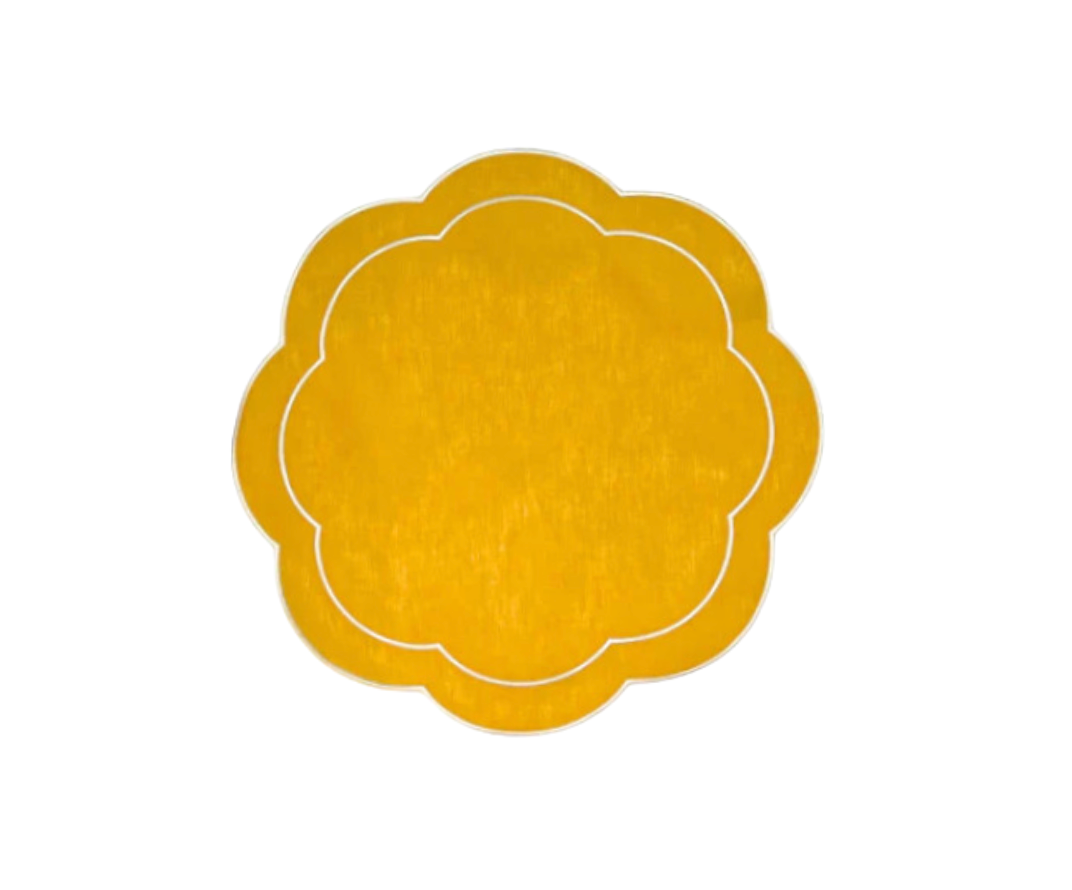 Yellow Linen with White Embroidery Round Placemats, Set of 4