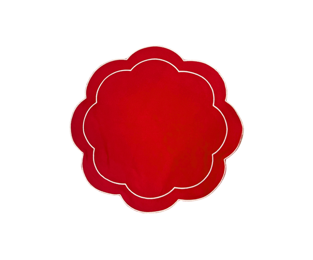 Red Linen with White Embroidery Round Placemats, Set of 4