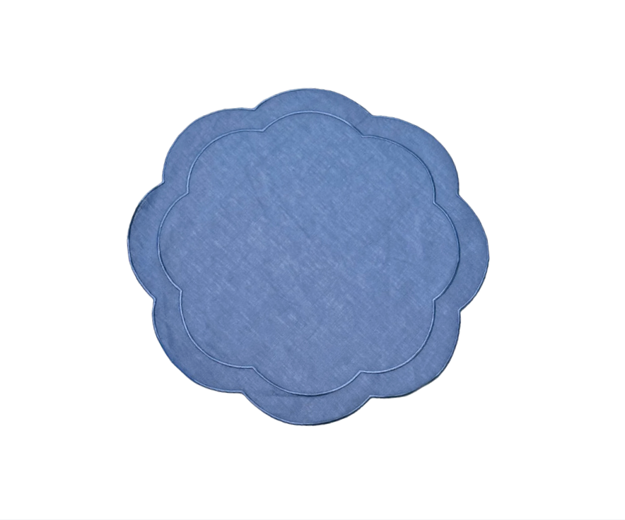 Blue Linen Placemats with Scalloped Edge, Set of 4