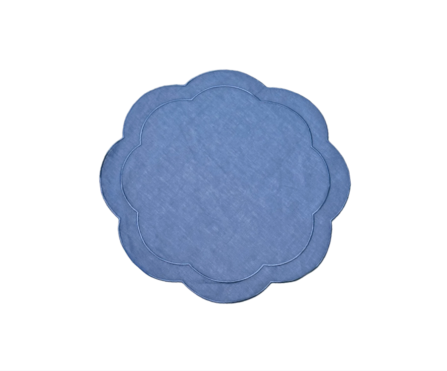 Blue Linen Placemats with Scalloped Edge, Set of 4