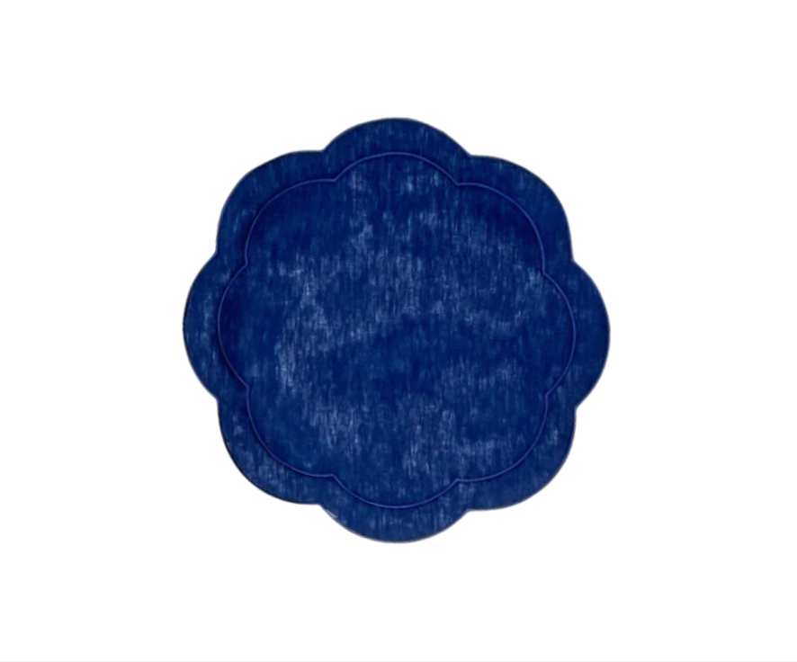 Navy Blue Linen with Blue Embroidery Round Placemats, Set of 4