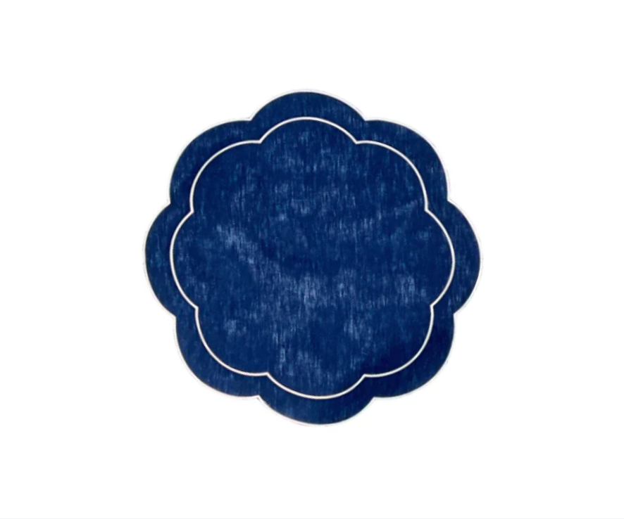 Navy Blue Linen with White Embroidery Round Placemats, Set of 4