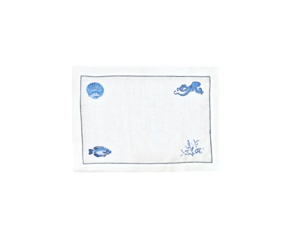 Hand Embroidered Linen Marine Life Placemats, Set of 4