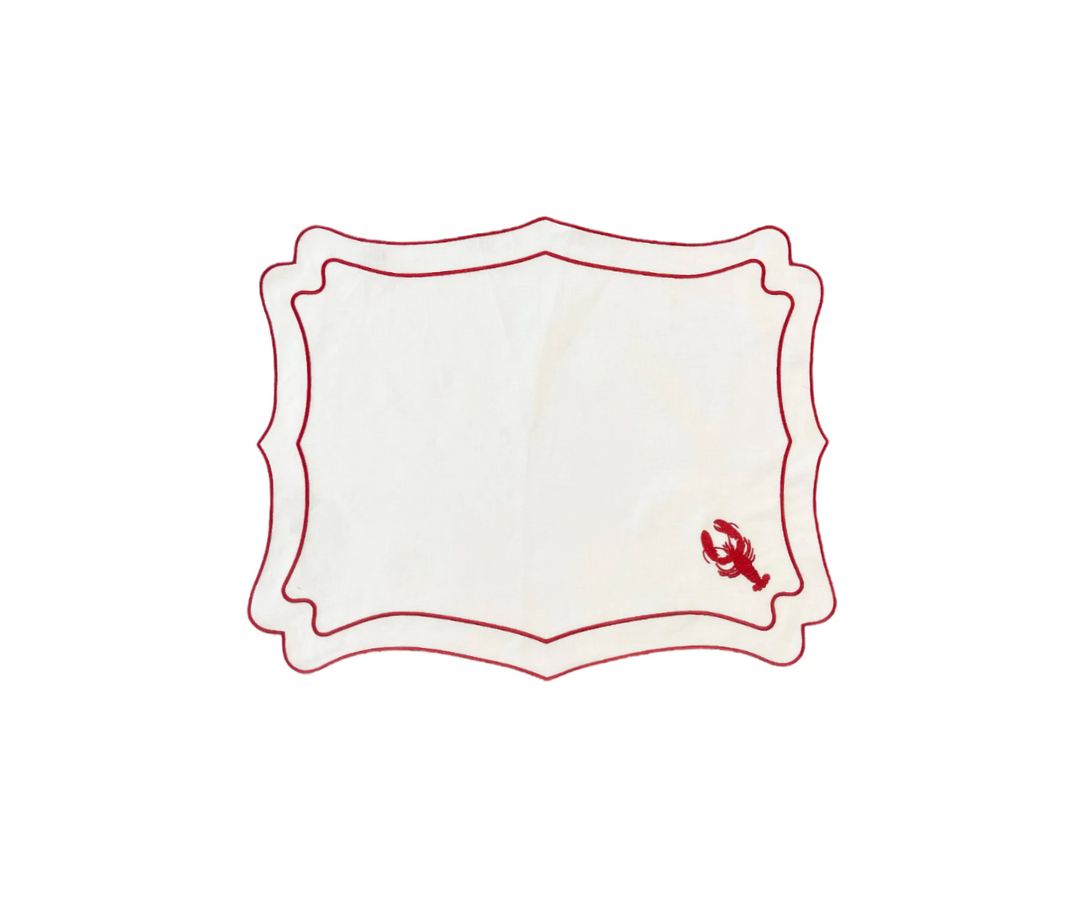 RED LOBSTER HAND EMBROIDERED ON WHITE LINEN PLACEMATS, SET OF 4