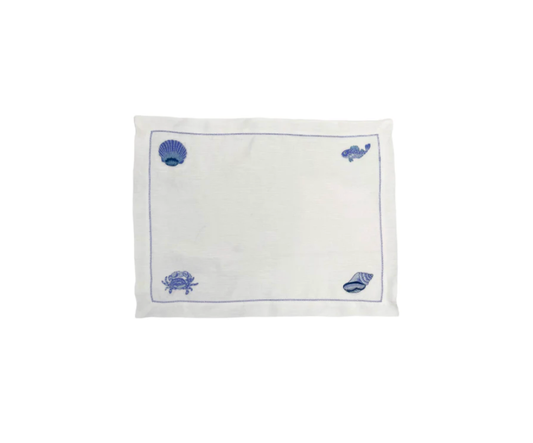 Mixed Sea Life Embroidered on White Linen with Fresh Blue Hem Stitch Placemats, Set of 4