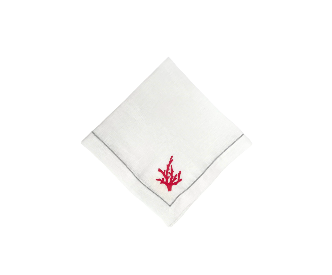 Red Coral Embroidered on White Linen with Silver boarder Dinner Napkins, set of 4