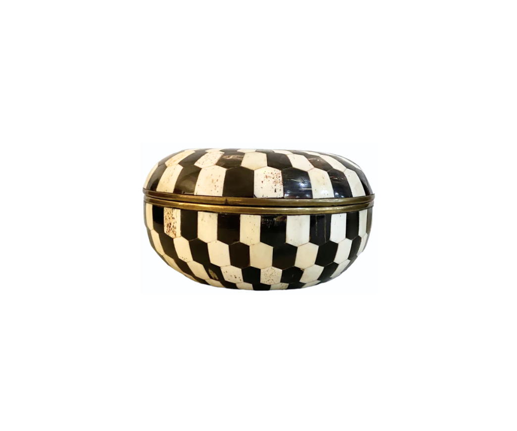 Vintage Round Decorative Round Bowl and Lid with Checkerboard Inlay