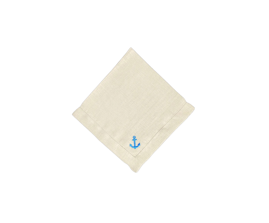 Beige Linen Napkins with Royal Blue Embroidered Anchor, Set of 4