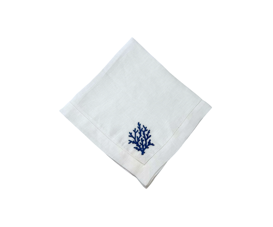 Navy Blue Coral Branch on White Linen Dinner Napkins, Set of 4