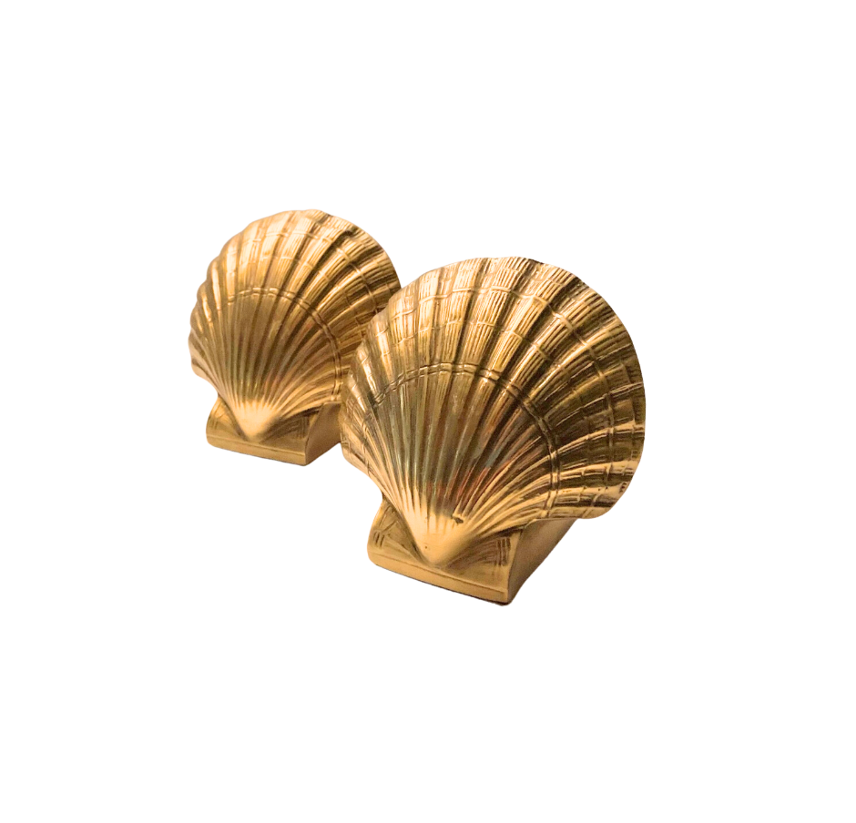 A Pair, Mid-Century Vintage Nautical Brass Scallop Shell, Sea Shell Bookend