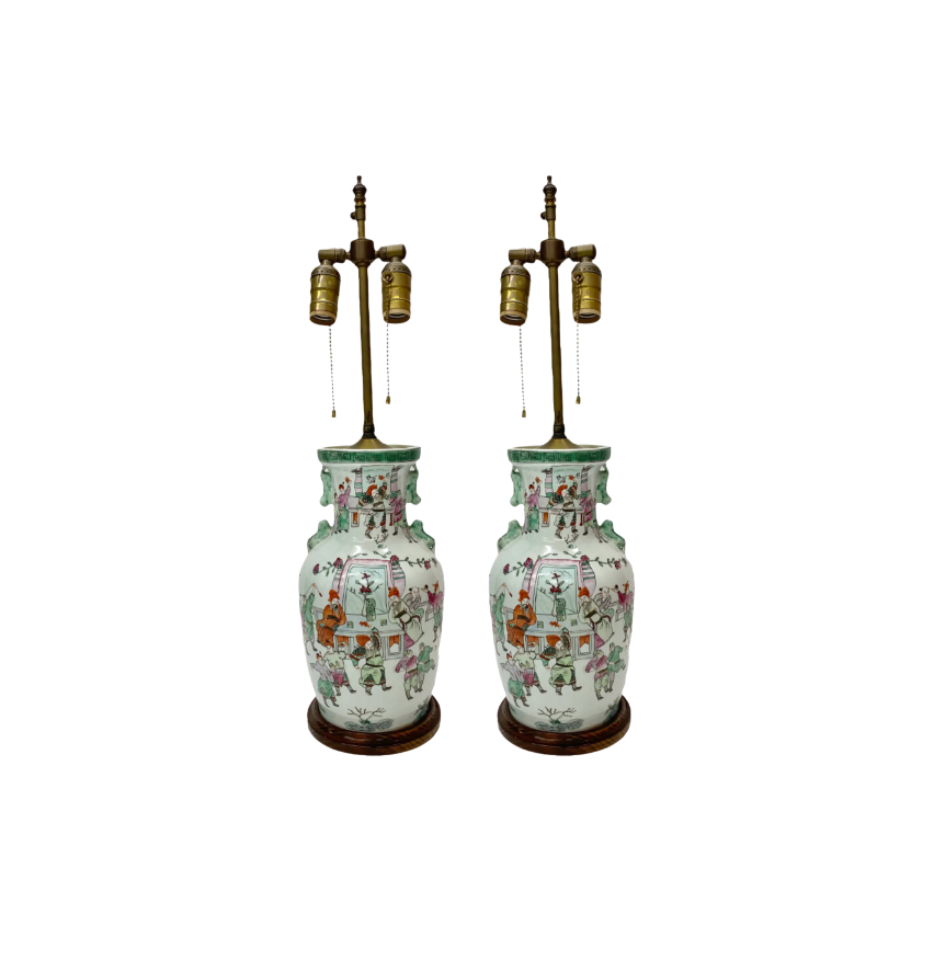 A Pair, Antique Chinoiserie Porcelain Lamps