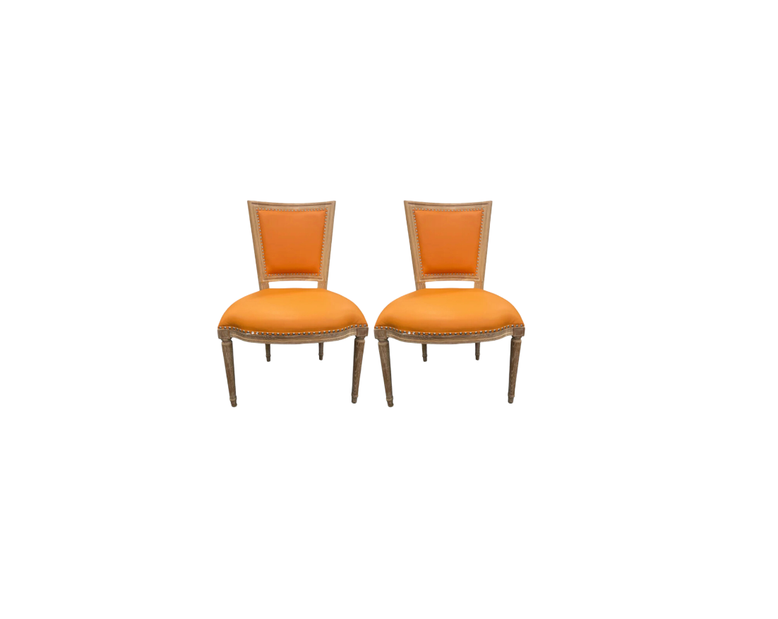 A Pair, Oak Tangerine Leather Orange Chairs