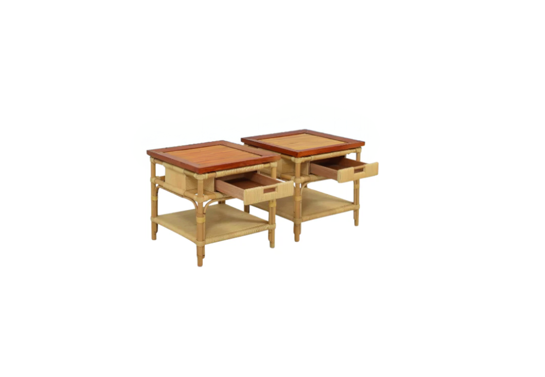 A Pair, Vintage Donghia Bamboo Reed and Teak Side Tables