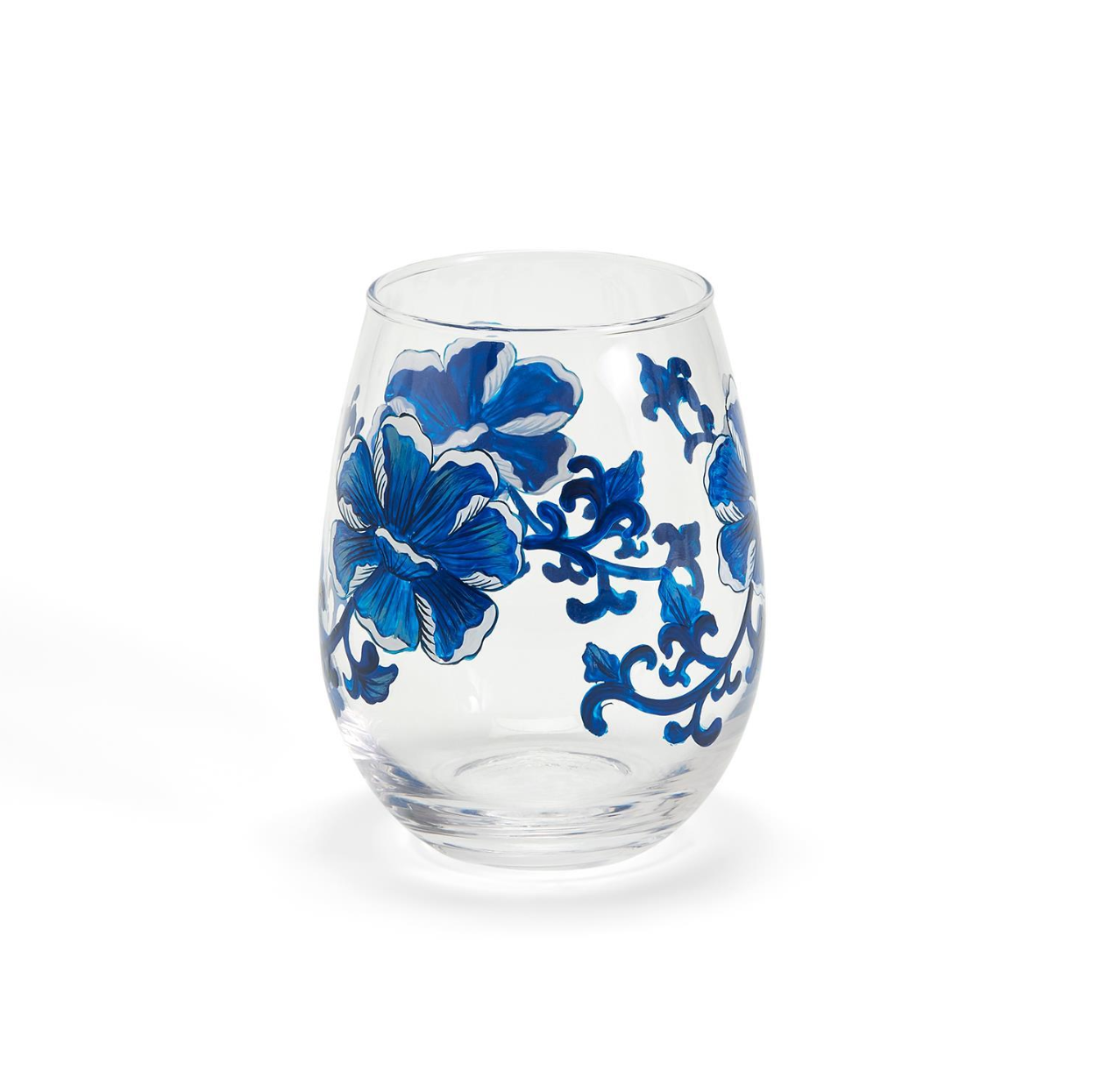 Hand-Painted Blue and White Flower Stemless Wine Glass, Set of 4