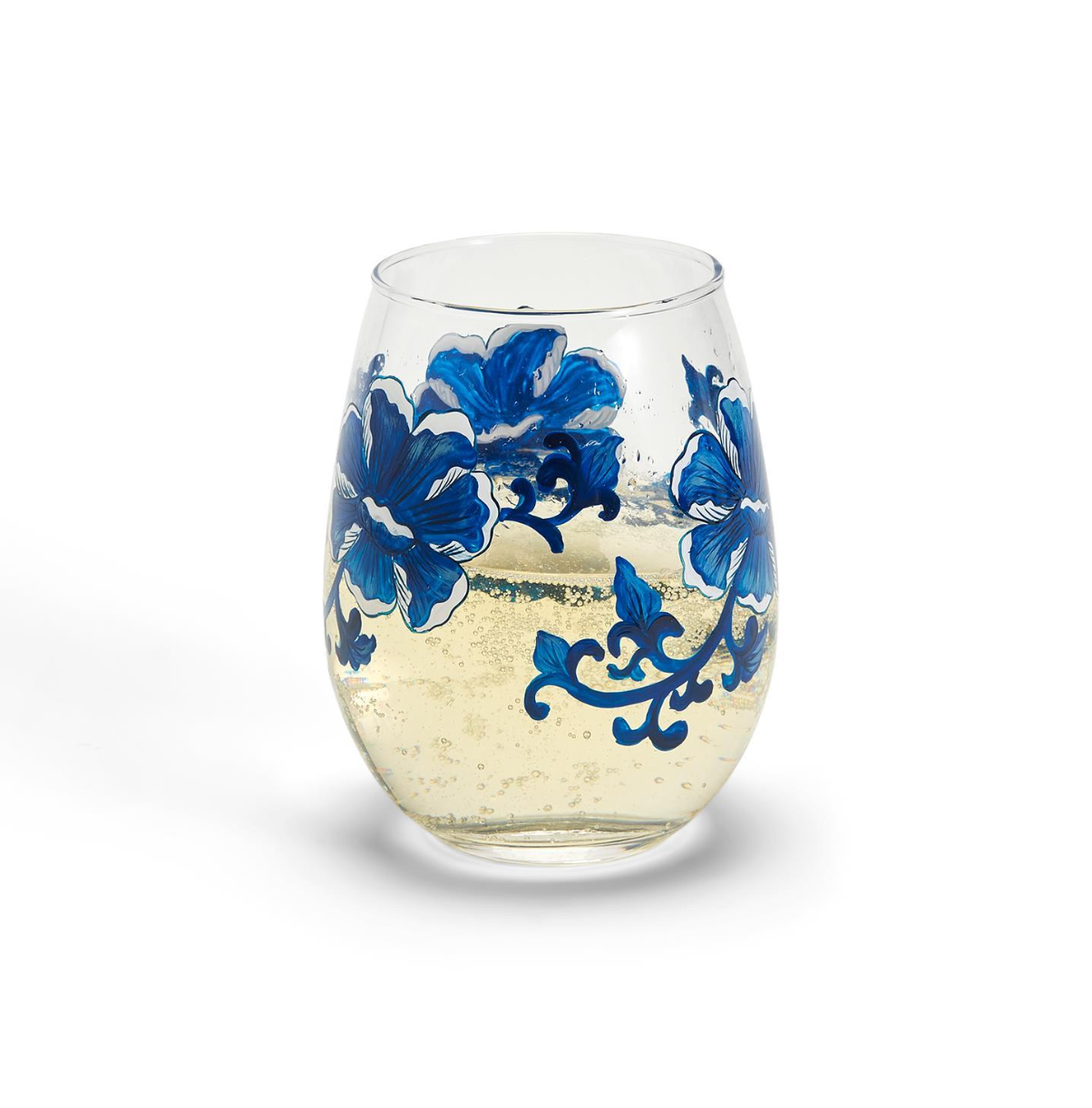 Hand-Painted Blue and White Flower Stemless Wine Glass, Set of 4