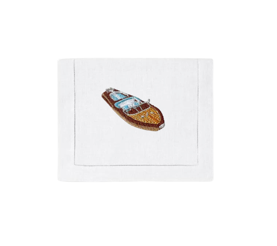 Riva Boat on White Linen Cocktail Napkins, Set of 4