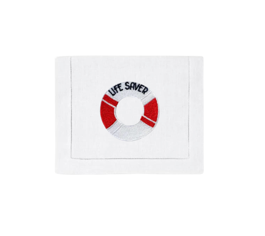 Embroidered Life Saver on White Linen Cocktail Napkins, Set of 4