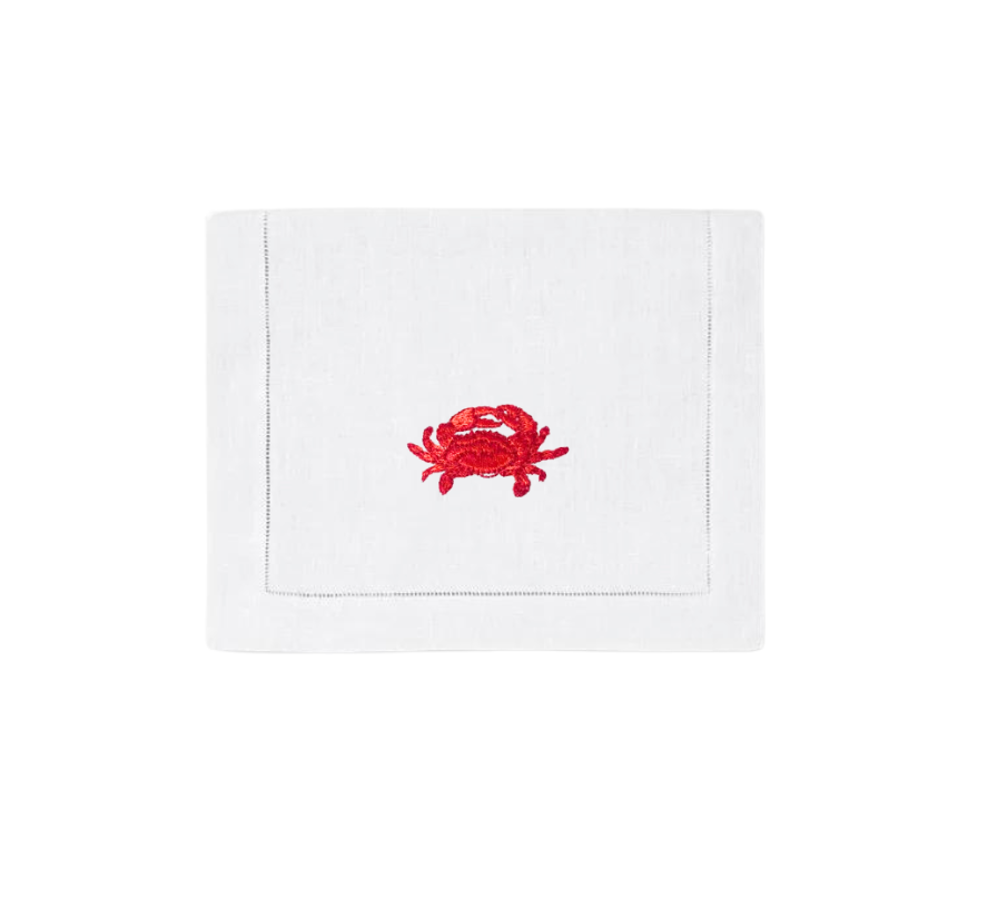 Red Crab on White Linen Cocktail Napkins, Set of 4