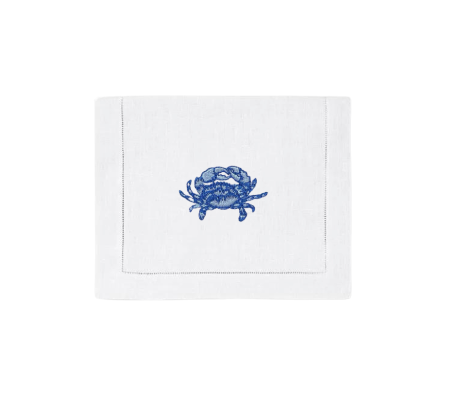 Blue Crab on White Linen Cocktail Napkins, Set of 4