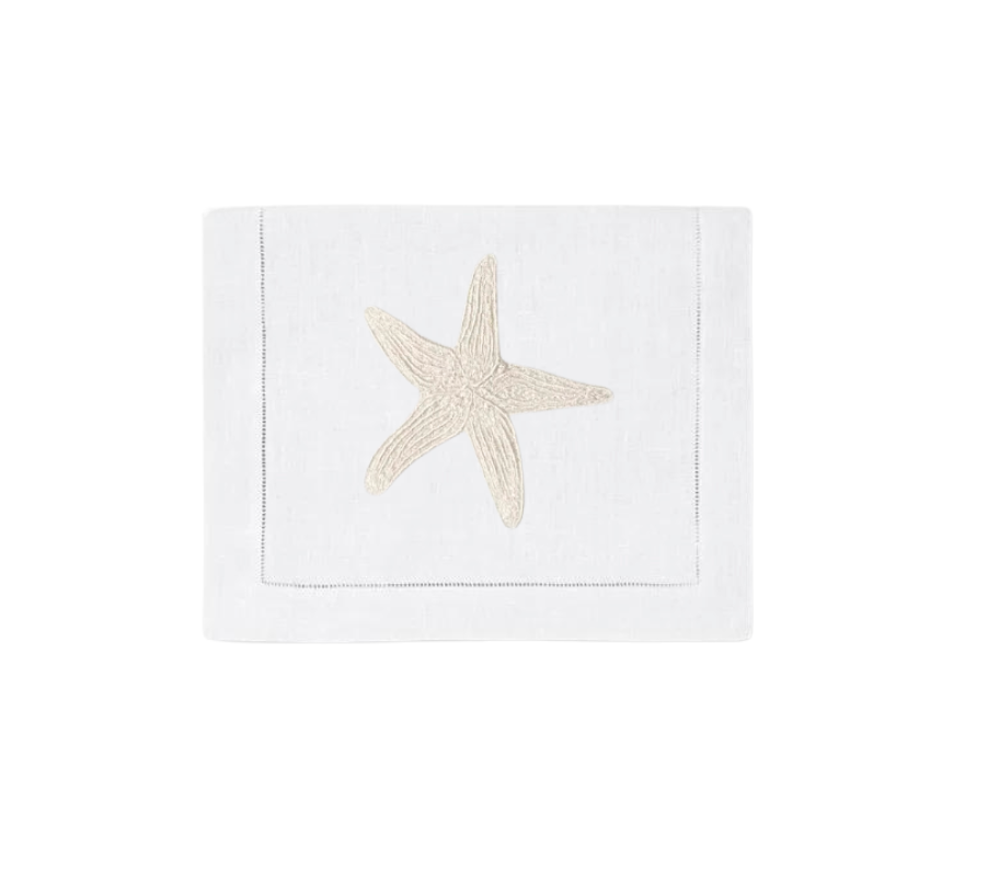 Ivory Starfish on White Linen Cocktail Napkins, Set of 4